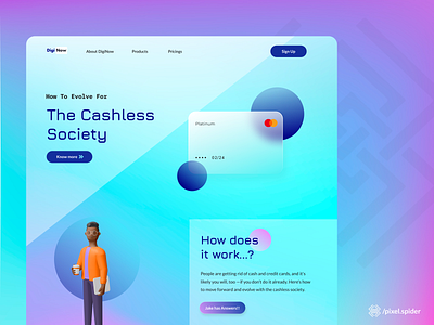 Cashless Society - Hero Header blurred background call to action character credit card dailyui glass glassmorphism header landing page logo payment ui ui ux ux ux design wallet website