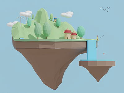 The fisherman 3d artist blender blender3d blendercycles branding character characterdesign cute fish fishing floating island illustration islands isometric low poly lowpoly lowpolyart lowpolygon ui