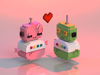 Robots in love 3d character characterdesign cubic cute illustration isometric love magicavoxel robots voxel voxelart