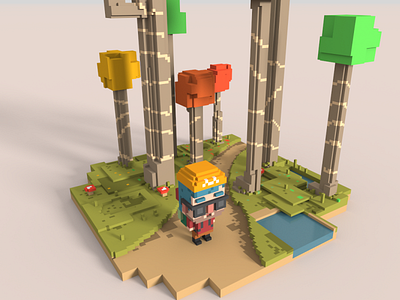 Through the forest 3d 8bits character cubic cute magicavoxel pixel voxel voxel art