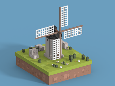 Windmill 3d artist cubic design green isometric lowpoly magicavoxel nature old pastel pixels voxel voxelart windmill