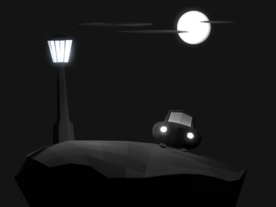 Night parking 3d blender car cartoon cute design illustration isometric lamppost moon night orthographic