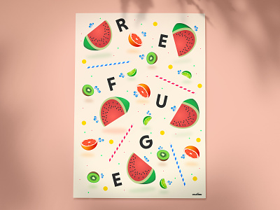 Refuge from hot summer days. art fruit fruits grapefruit illustration kiwi lime poster refuge shadow straw typography watermelon