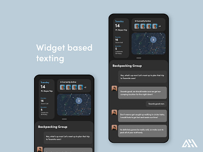 Widget Based Texting App app black blue chat dark app dark mode dark ui design minimalist mockup modern social media texting ui web widget widgets