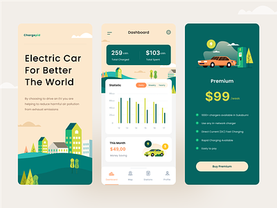 Electric Car App app car charge car clean dashboard electric car green illustration onoboarding pricing splash ui