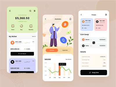 Cryptocurrency App app crypto currency dashboard dollar expenses illustration payment statistics swap ui