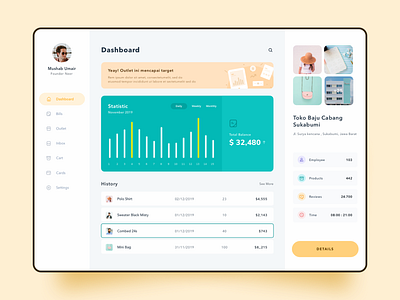 Business Dashboard app bar clean dashboard detail page green history icon illustrations menu profile simple sketch statistics yellow