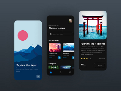 Explore Japan App UI app design dark design explore flat inspiration japan mobiledesign places product design travel trending ui uidesign uiinspiration uitrend uiux userinterface ux uxdesign