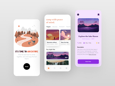 Camping Spots App Design app app design camping comp design forrest hiking icon illustration ios lake logo minimal mountain place spots sunset trip list uidesign waterfall