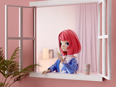 A girl at a window cinema 4d girl illustration indoor