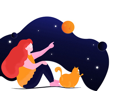 A shining night adobe illustrator cat character character illustration design evening galaxy girl illustration illustration art moon night planets shining sketching stars ui uidesign uiux ux