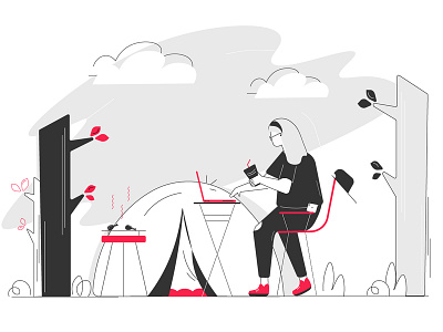Work close to nature adobe illustrator art background camp camping cap chair character character illustration design girl illustration illustration art laptop line art mobile sketching tent trees ui
