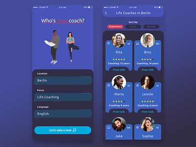 Who's Your Coach app android app business coach coach coaches community data base finder finding illustration interface design ios iphone life coach list personal coach search sort ui design xd