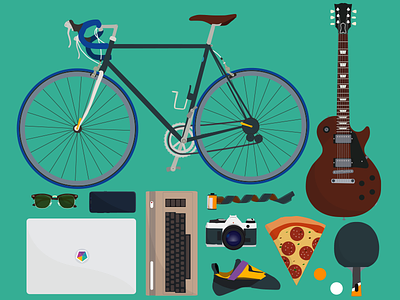 Some of my favorite things 35mm film bicycle bouldershoe canon ae1 commodore 64 guiter illustration les paul macbook ping pong paddle ray ban clubmaster samsung s8