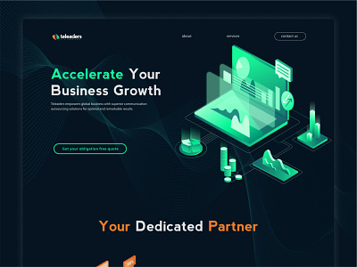 Teleaders corporate website 3d 3d illustration corporate website dark dark isometric illustration dark theme illustration isometric illustration landing landing page neon teleaders uiux webdesign website