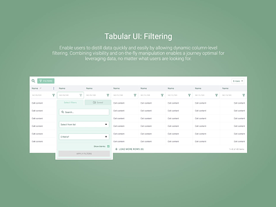 Tabular Data UI: Filters P1 data product design saas saas design ui