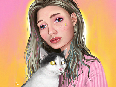 My sister and cat art artwork cat cats draw drawings gallery gallery art illustration ipad ipad pro paint painting pencil pink portrait procreate sister star white