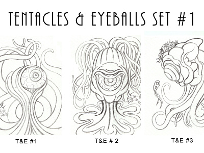 Tentacles & Eyeballs Sketch Card Set #1: Pencils creatures eyeballs graphite leija monsters pen ink pencile sketch cards squid like tentacles