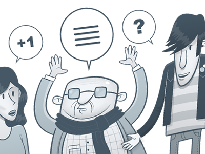 People discussing characters grayscale illustration