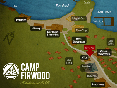 Camp Firwood Map blue green illustration logo map texture typography