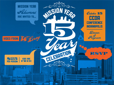 Mission Year Celebration blue city orange script texture type typography web