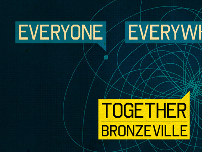 Everyone, Everywhere. Together, Bronzeville. blue grid infographic pixel grids spiral texture yellow