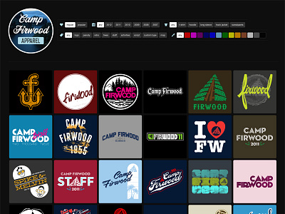 Camp Firwood Apparel Site apparel black blue custom gray icons illustration script t shirt type typography web design website