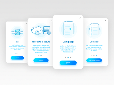 Onboarding in Lend it app gradient buttons line icons onboarding