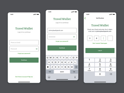 Travel Wallet app login mobile ui ux verification