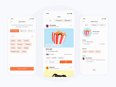 Social network for meeting online & offline – Reechr app design branding categories chat content feed events illustration meeting messaging mobile social app social app social media app social network app tags trends ui design user interface user profile ux design