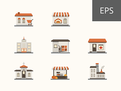 City Buildings Vector Icon Set bakery building business church drug store factory icon marketplace plant vector wallmart