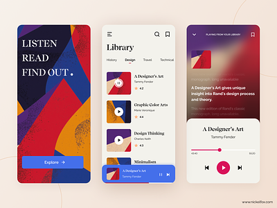 Designer Audio Book abstract app art audio player audiobook book clean flat listening lyrics minimal mobile app music app pastel reading red shapes social app ui ux