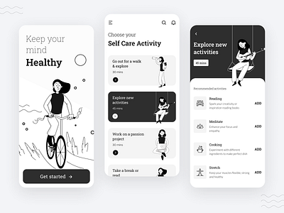 Self Care App app art black white care clean ui design happy healthcare healthy illustration joy lifestyle mentalhealth minimal mobile app relax self care ui ux visual design