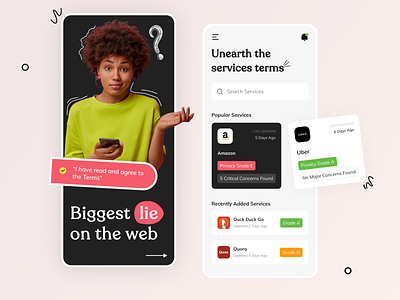 Unearth Service Terms App app cards clean ui colors concept conditions design doubtful home screen landing screen minimal scribble stock photo terms typography ui ux vibrant visual design
