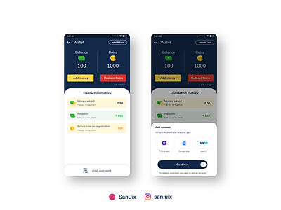 Roulette App Wallet Screen add account adobexd blue and white coins dark mode designs game design instagram instagram post mobile design popular spin game trendy ui uiux wallet app wallet ui white xd design yellow