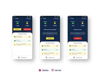 Wallet add money adobexd best design blue and white blues creative design creativity dark dark mode dark theme dark ui mobile app design money popular redeem coupon trending uiux unique design wallet app wallet ui white