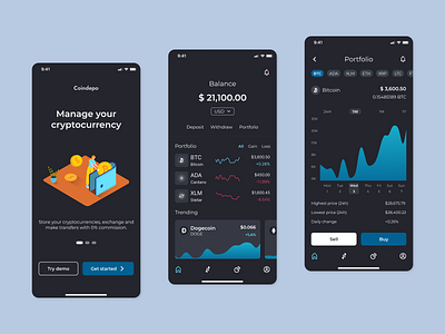 Cryptocurrency Wallet UI Practice app app design bitcoin chartline clean crypto cryptocurrency dark mode dashboard design figma graphic design illu illustration minimal mobile app poland simple ui ui design