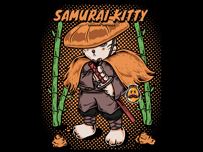 Samurai Kitty by Unygara apparel asia cartoon cat cute design funny illustration japan katana kitten kitty logo mascot portrait samurai sticker tshirt vector