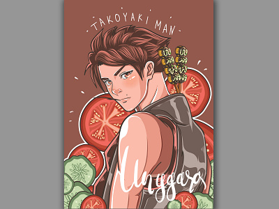 Takoyaki Man anime boy brown cartoon cucumber design flat handsome hero ikemen illustration manga takoyaki tomato typography vector