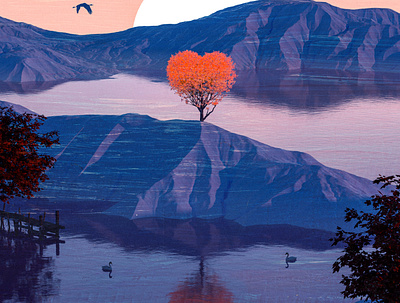 Valentines asia birds cinema4d crane heart hearts lake love mountains nature paint swans tree valentines woodcut