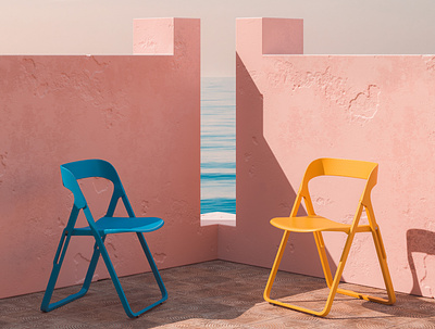 Chairs 3d abstract architecture blue chairs cinema 4d colourful mediterranean murallaroja orange pink render spain summer