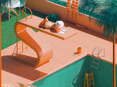 S - 36 Days of Type 7 36dayoftype 3d california cinema 4d divingboard girl green hollywood lonely magazine orange pool poster reading render retro tiles vintage woman