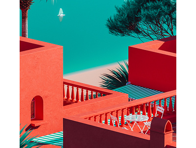 Playa Vista 3d architecture balcony beach beach house blue cinema 4d colourful mediterranean orange summer view vintage