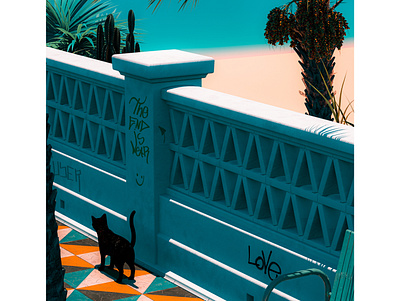 Passing By 3d architecture beach blue cactus cat cinema 4d colourful graffiti mediterranean orange palm tree render shade shadow summer tiles vintage walk wallpaper