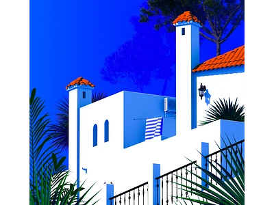 Chiminea - Dos architecture blue cinema 4d europe holiday illustration orange poster design spain summer travel poster villa vintage vintage poster