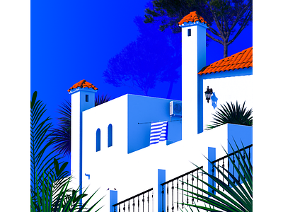 Chiminea - Dos architecture blue cinema 4d europe holiday illustration orange poster design spain summer travel poster villa vintage vintage poster