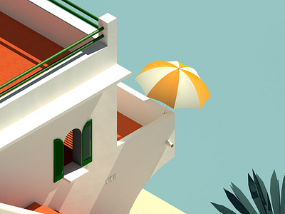 Español 3d colourful design illustration isometric mediterranean ocean orange parasol render sea shutter spain summer tiles villa
