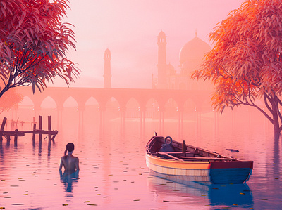 India 3d asia bridge cinema 4d colourful fog girl india indian nature orange red render river riverboat swim taj mahal trees water woman