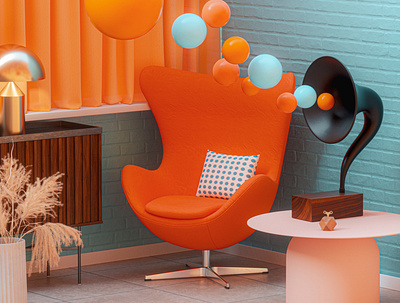 Chillout 3d abstract adobe architecture blue bubbles chair cinema 4d color colourful gold gramophone indoor metal music nature orange render vintage wood