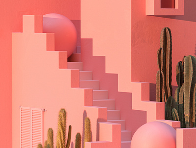 Muralla Roja - Part 3 3d abstract adobe architecture cactus cinema 4d clean colourful design europe murallaroja pink render simple spain stairs summer sun sunset warm